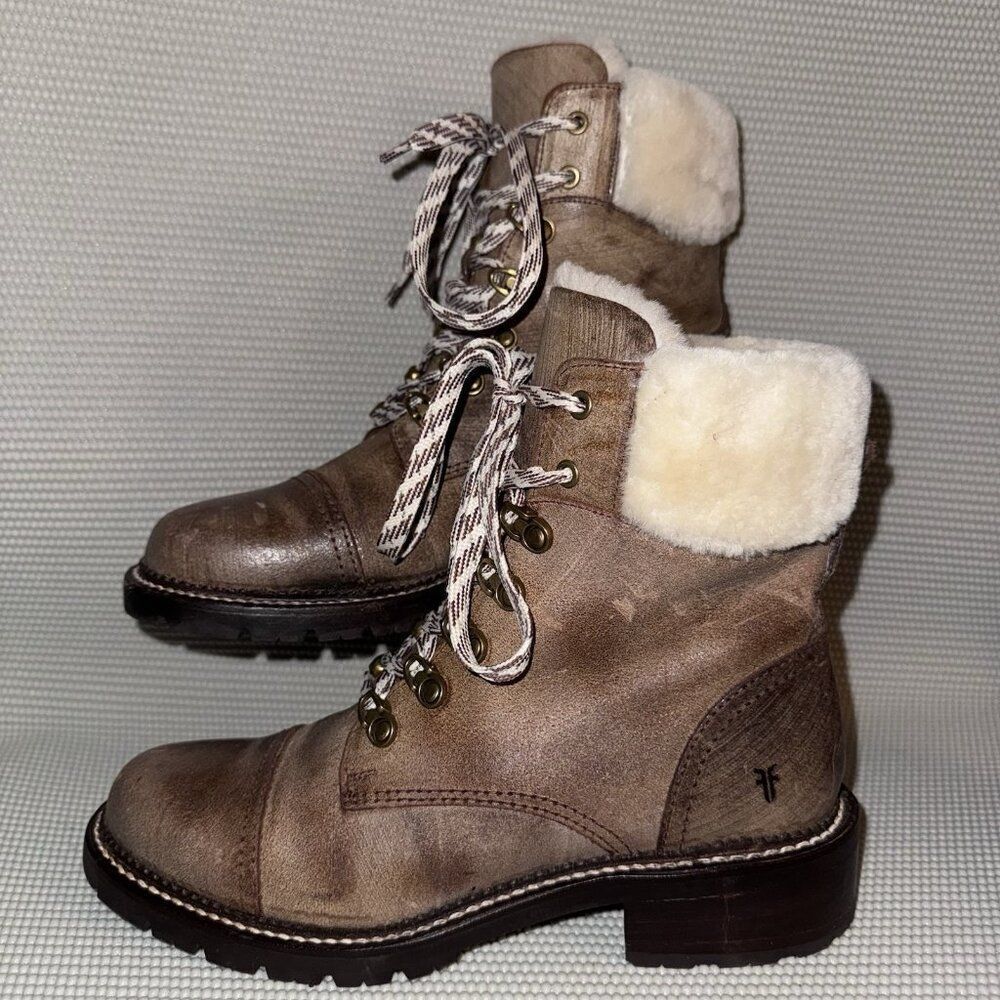FRYE Samantha Shearling Cuff Leather Lace Up Hiker Hiking Heeled Boots Booties 9